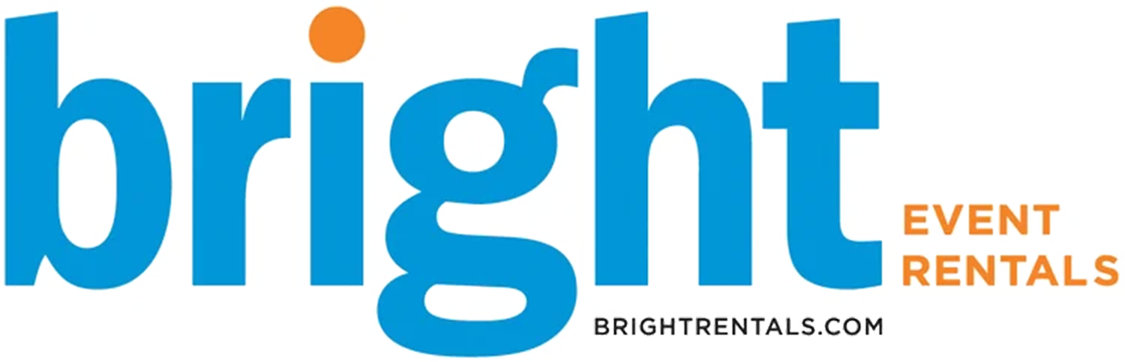Logo for Bright Event Rentals with the company name in blue and orange text, and website URL brightrentals.com.