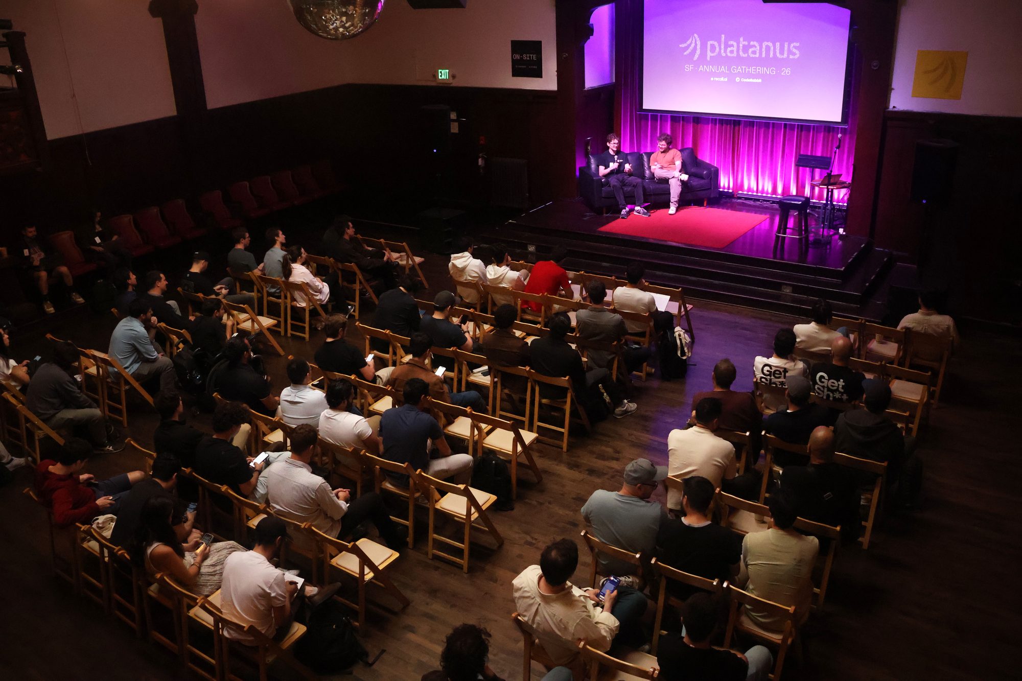 Overhead view of theater-style seating for a corporate conference at Swedish American Hall, San Francisco
